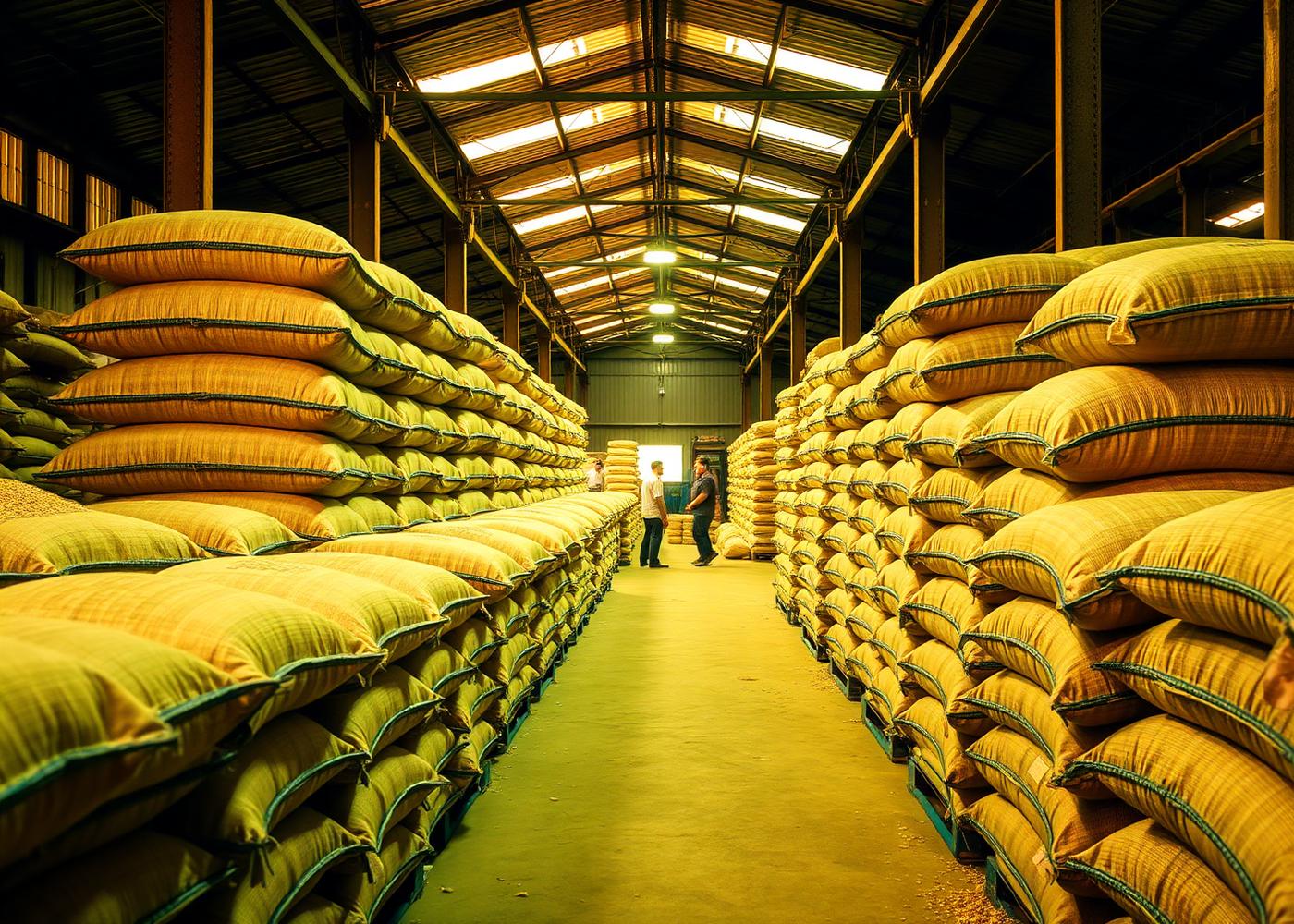 Warehouse stacked with sacks of grains and pulses ready for supply