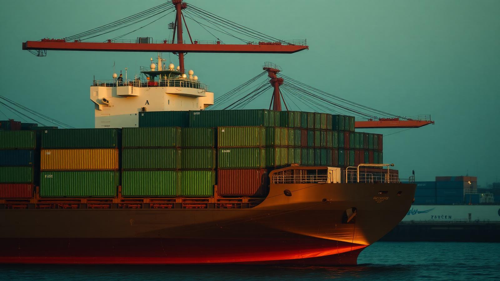 Container ship loading export cargo at port